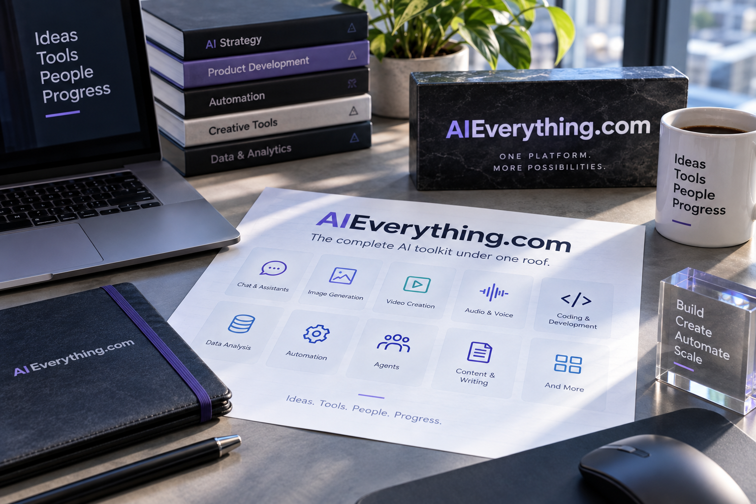 AIEverything.com product suite concept in a cool daylight workspace
